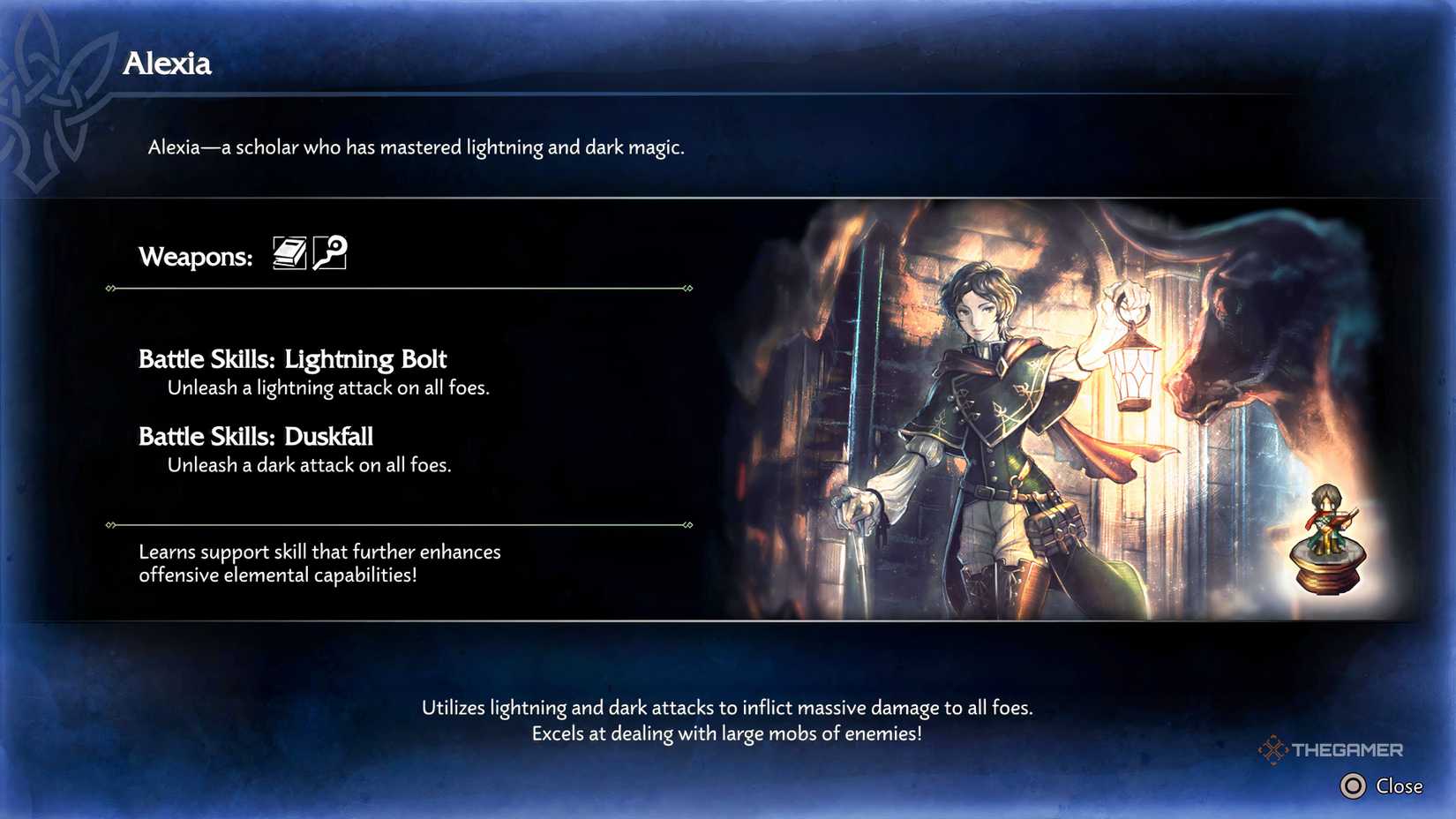 A character description sheet of Alexia the scholar and her battle skills in Octopath Traveler 0.