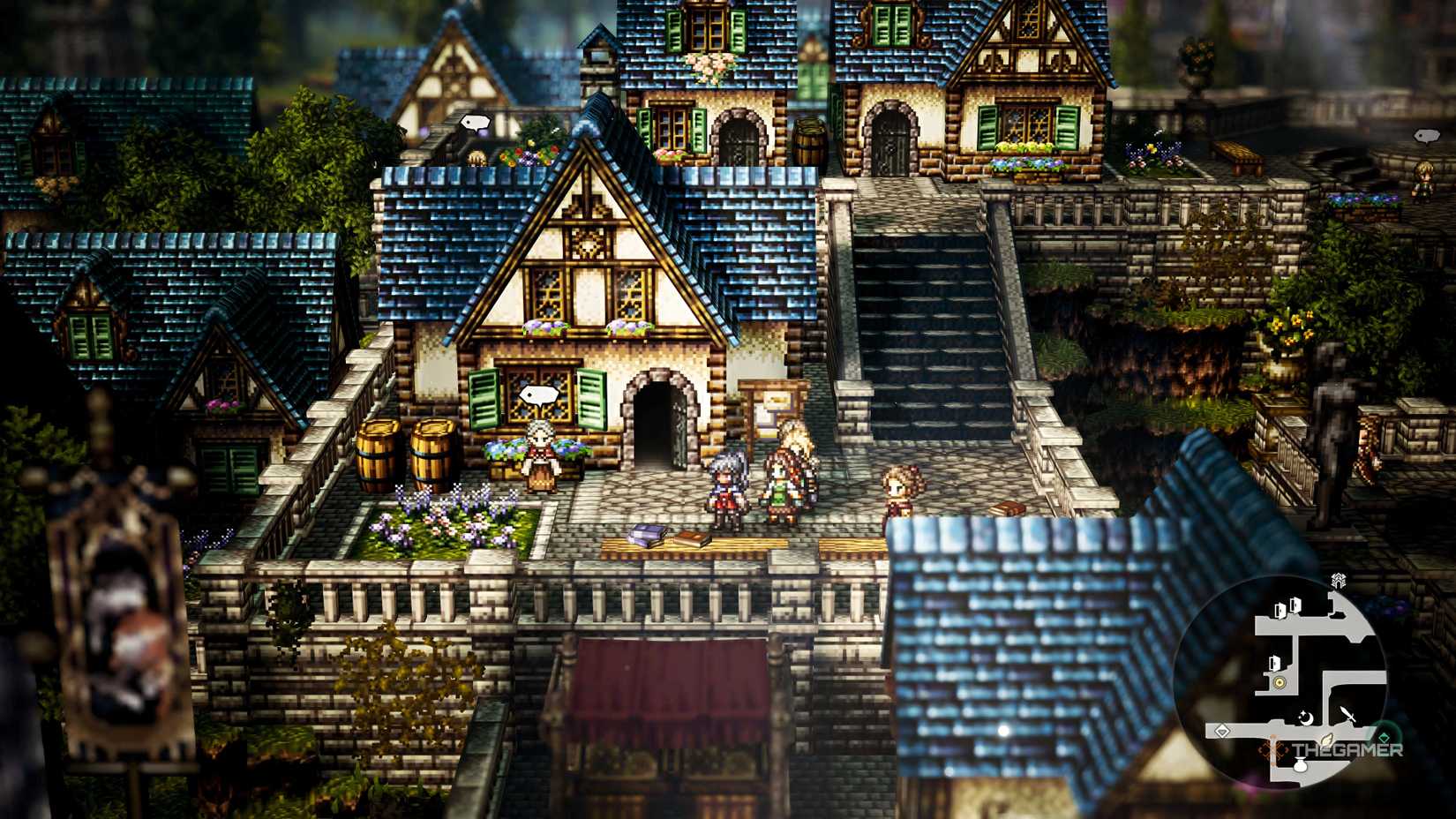 A large library building in Theatropolis with an old woman standing outside of it in Octoapth Traveler 0.