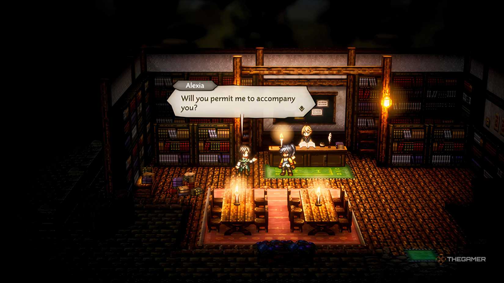 Alexia asking to join the party in Octopath Traveler 0.