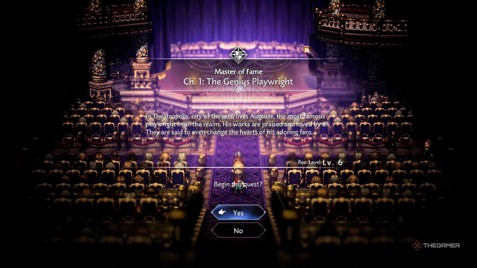 The Genius Playwright quest start screen in Octopath Traveler 0.