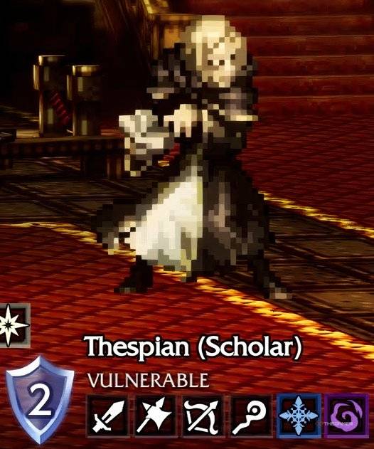 Thespian (Scholar) enemy in Octopath Traveler 0 with its weaknesses underneath it.