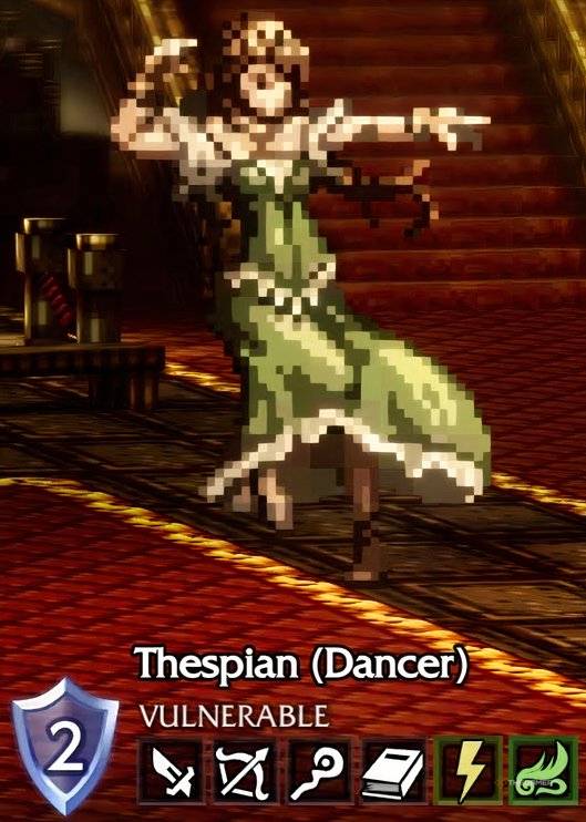 A Thespian (Dancer) enemy in Octopath Traveler 0 with its weaknesses underneath it.