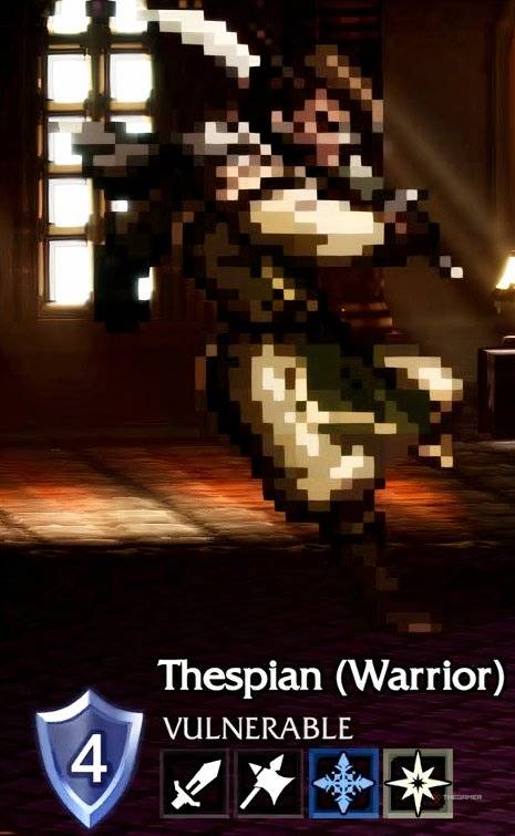 Thespian (Warrior) enemy in Octopath Traveler 0 with its weaknesses underneath it.
