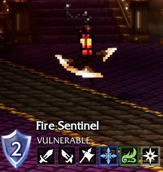 Fire Sentinel enemy in Octopath Traveler 0 with its weaknesses underneath it.