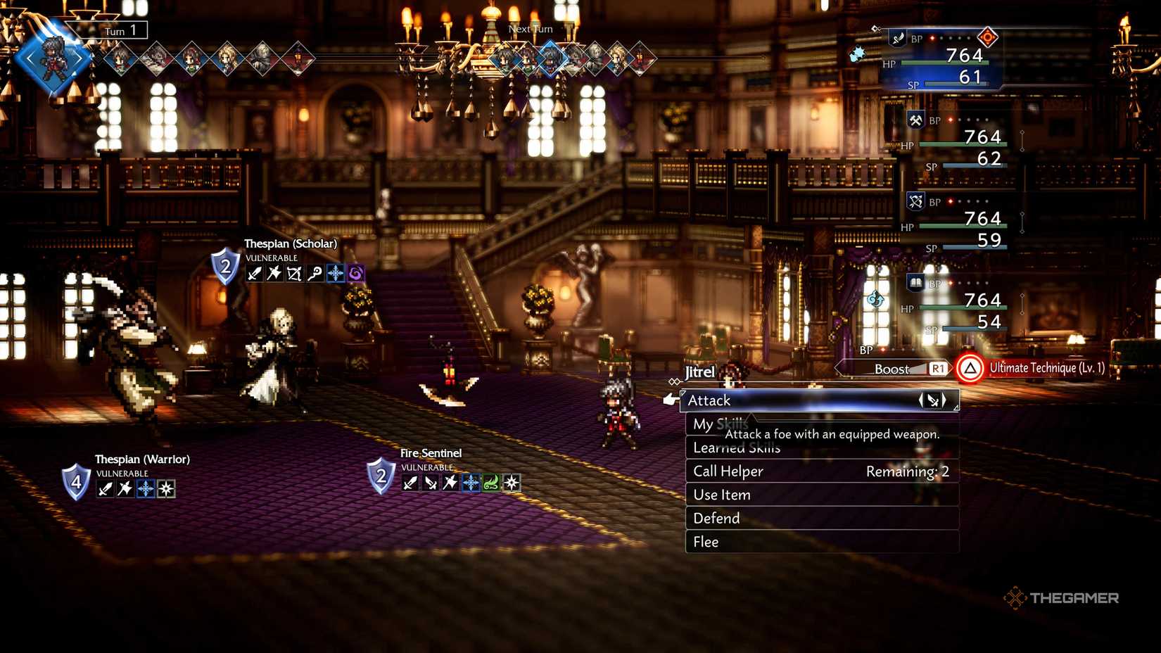 The party fights enemies in the Amphitheater Rehearsal rooms in Octopath Traveler 0.