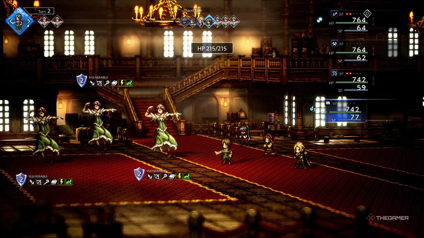 The party inside the Theatropolis Amphitheater fighting enemies in Octopath Traveler 0.
