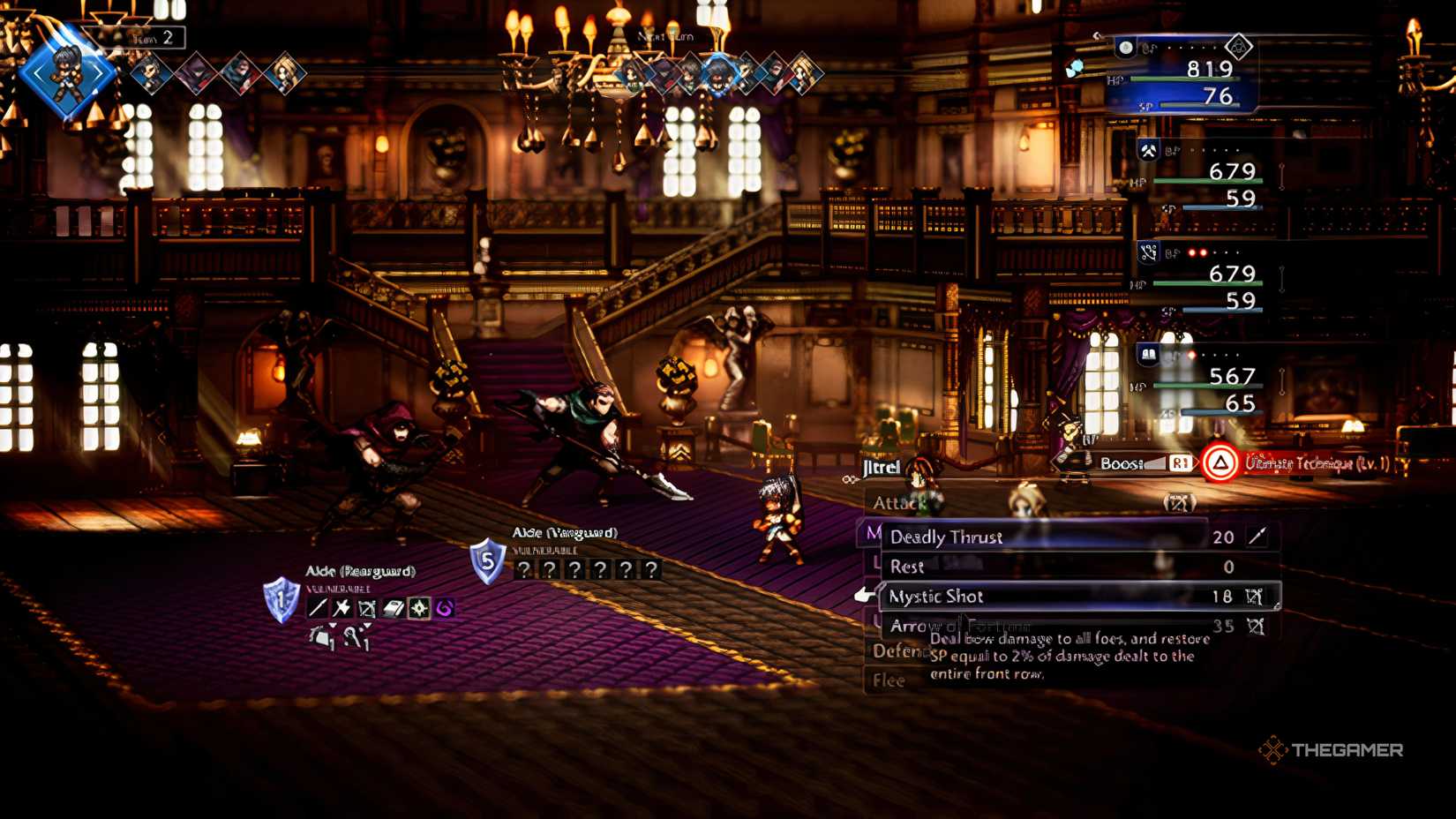 The party facing off against the Rearguard and Vanguard Aide bosses in Octopath Traveler 0.