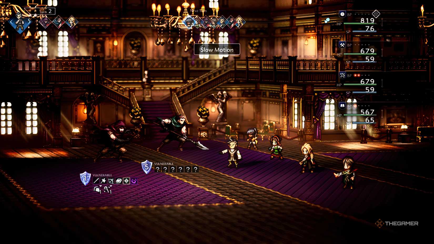 Schwartz joins the party and debuffs the Aide boss in Octopath Traveler 0.