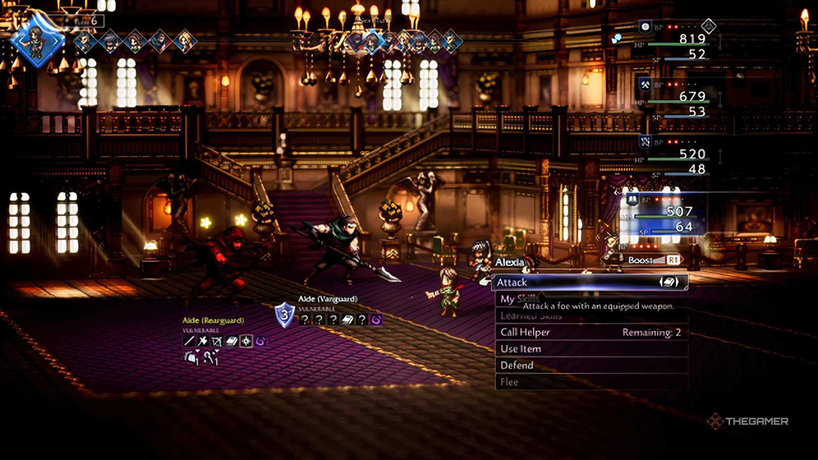 Alexia attacks the Aide boss while he is broken in Octopath Traveler 0.