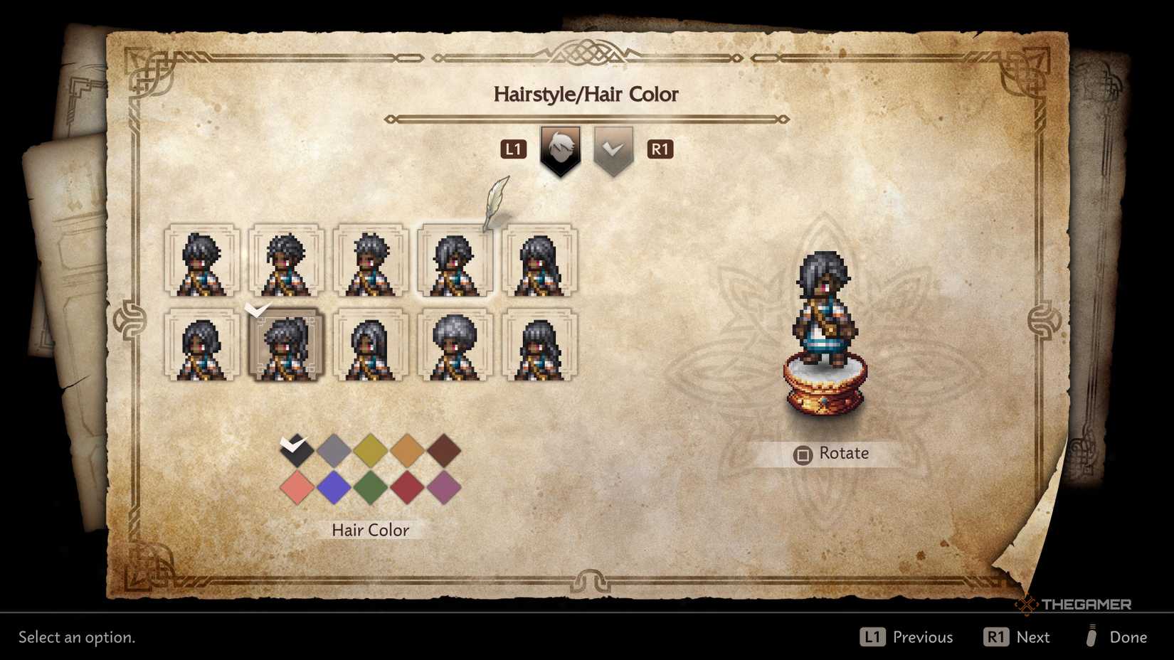 The protagonist trying out new hairstyles and hair colors in Octopath Traveler 0.