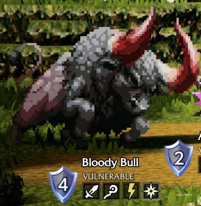 A Bloody Bull and its weaknesses in Octopath Traveler 0.