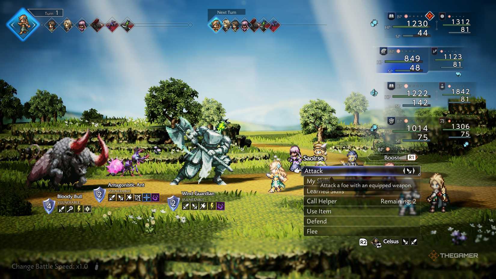 The party fighting enemies in the Knights Ardante Garrison in Octopath Traveler 0.