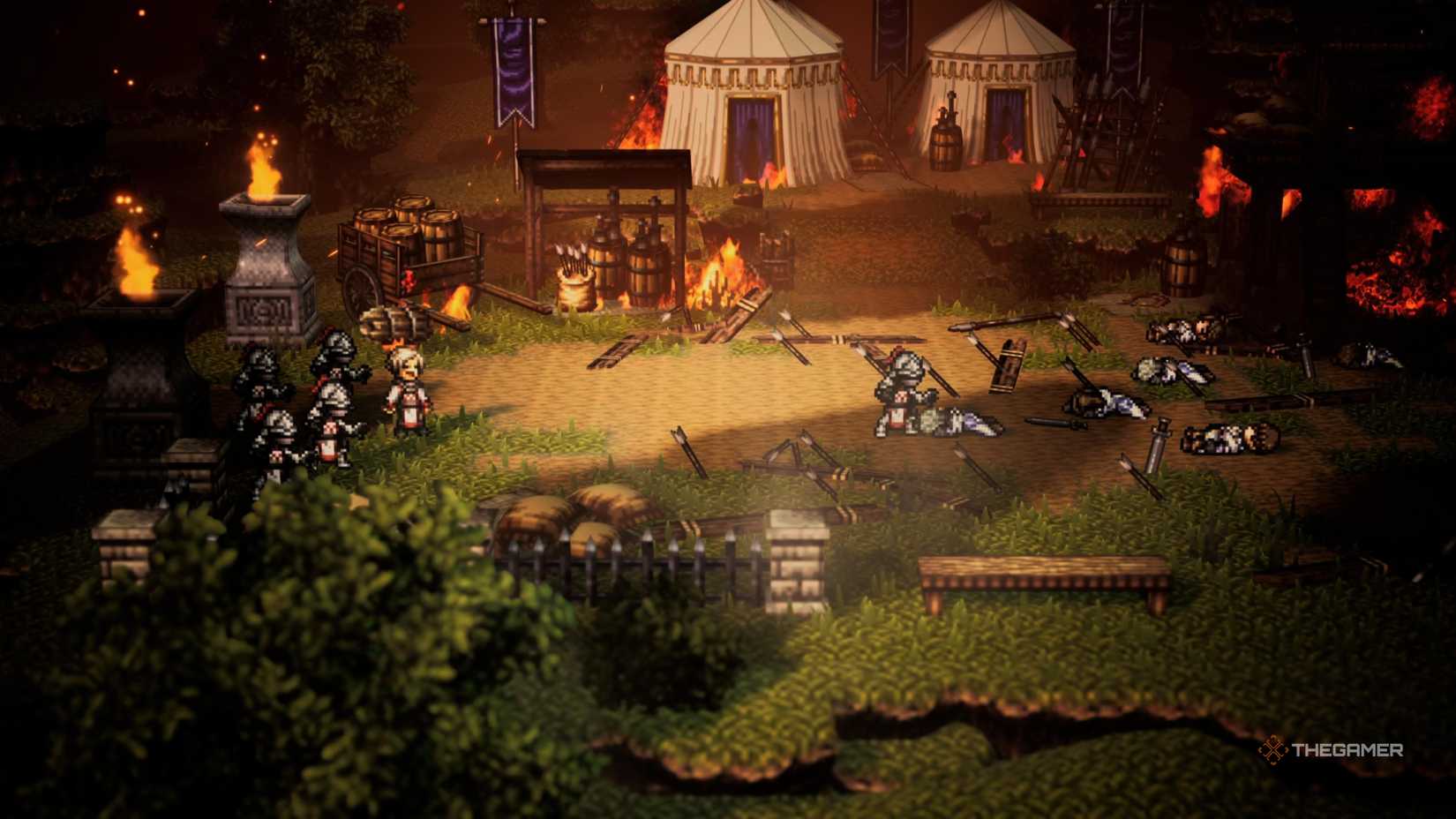 Jurgen laughing at the church individuals after a fire erupted in Octopath Traveler 0.