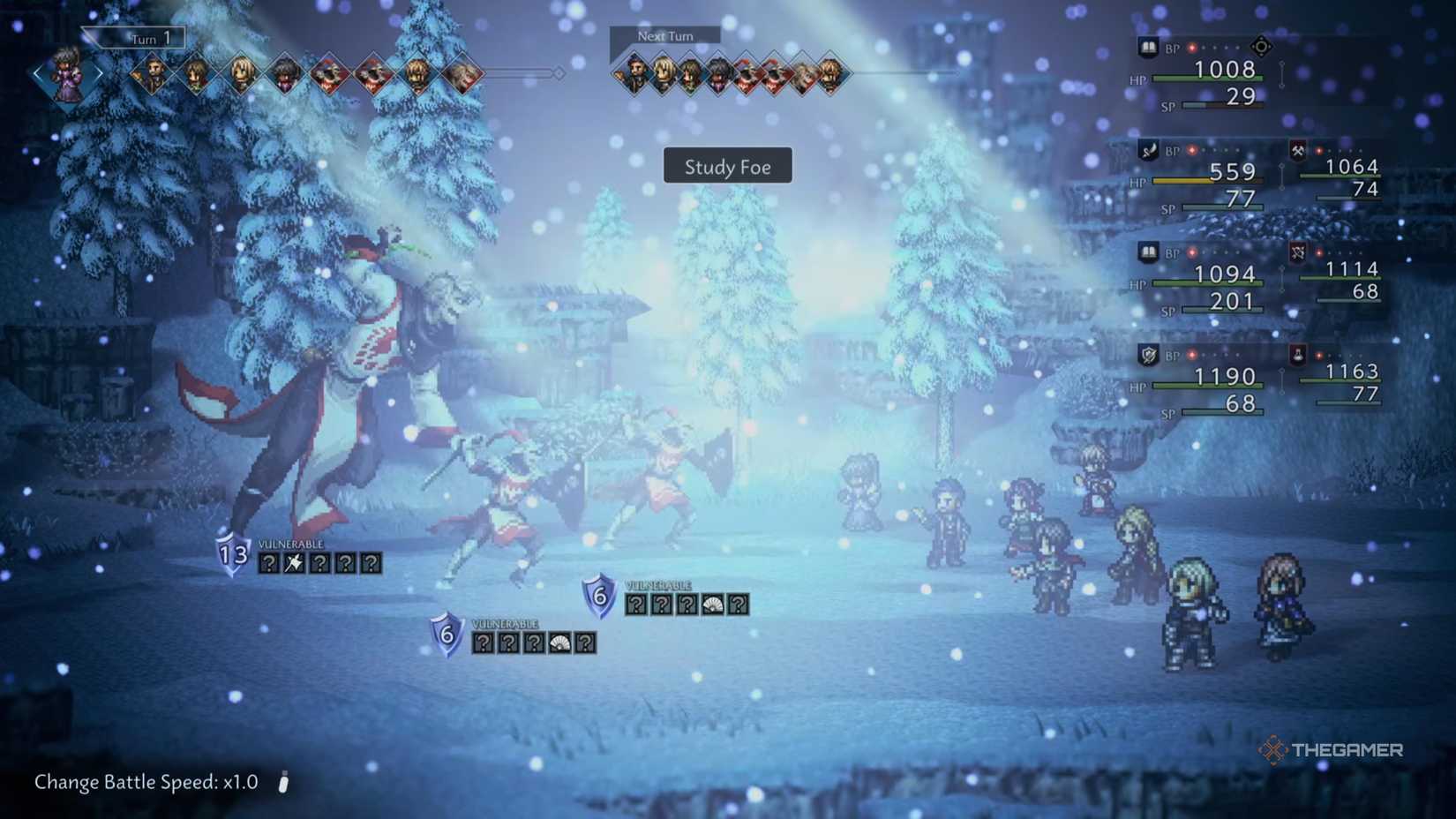 Jurgen and his followers face off against the party in a boss battle in Octopath Traveler 0.