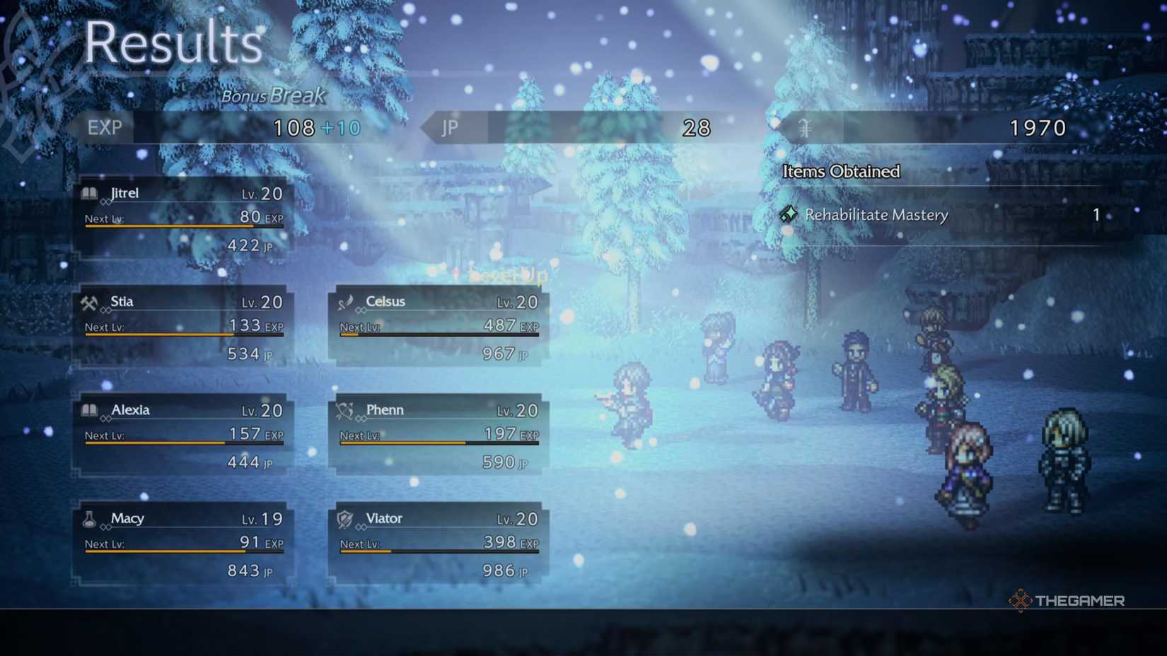 The players recieves the Rehabilitate Mastery after defeating Jurgen on the results screen in Octopath Traveler 0.