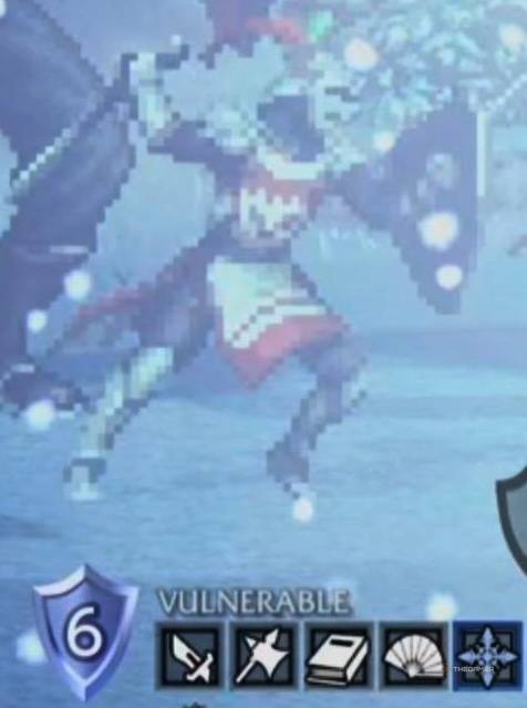 Jurgen's Scarlet Wing in Octopath Traveler 0 with its weaknesses.