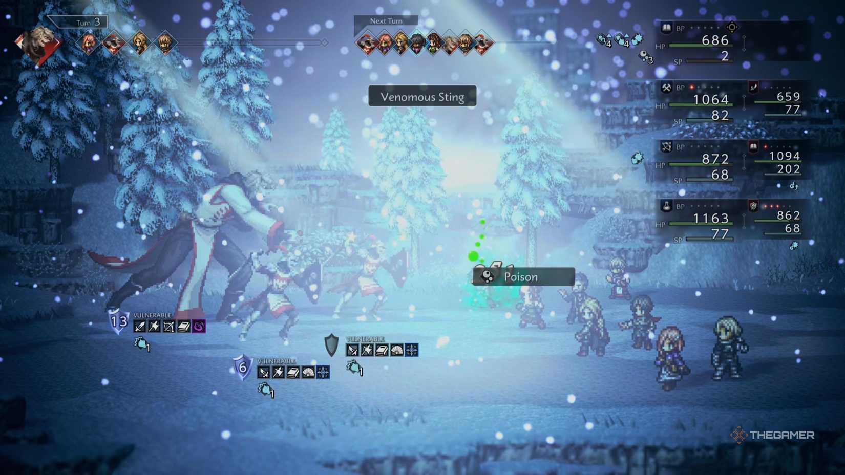 Jurgen attacks with a Venomous Sting in Octopath Traveler 0.