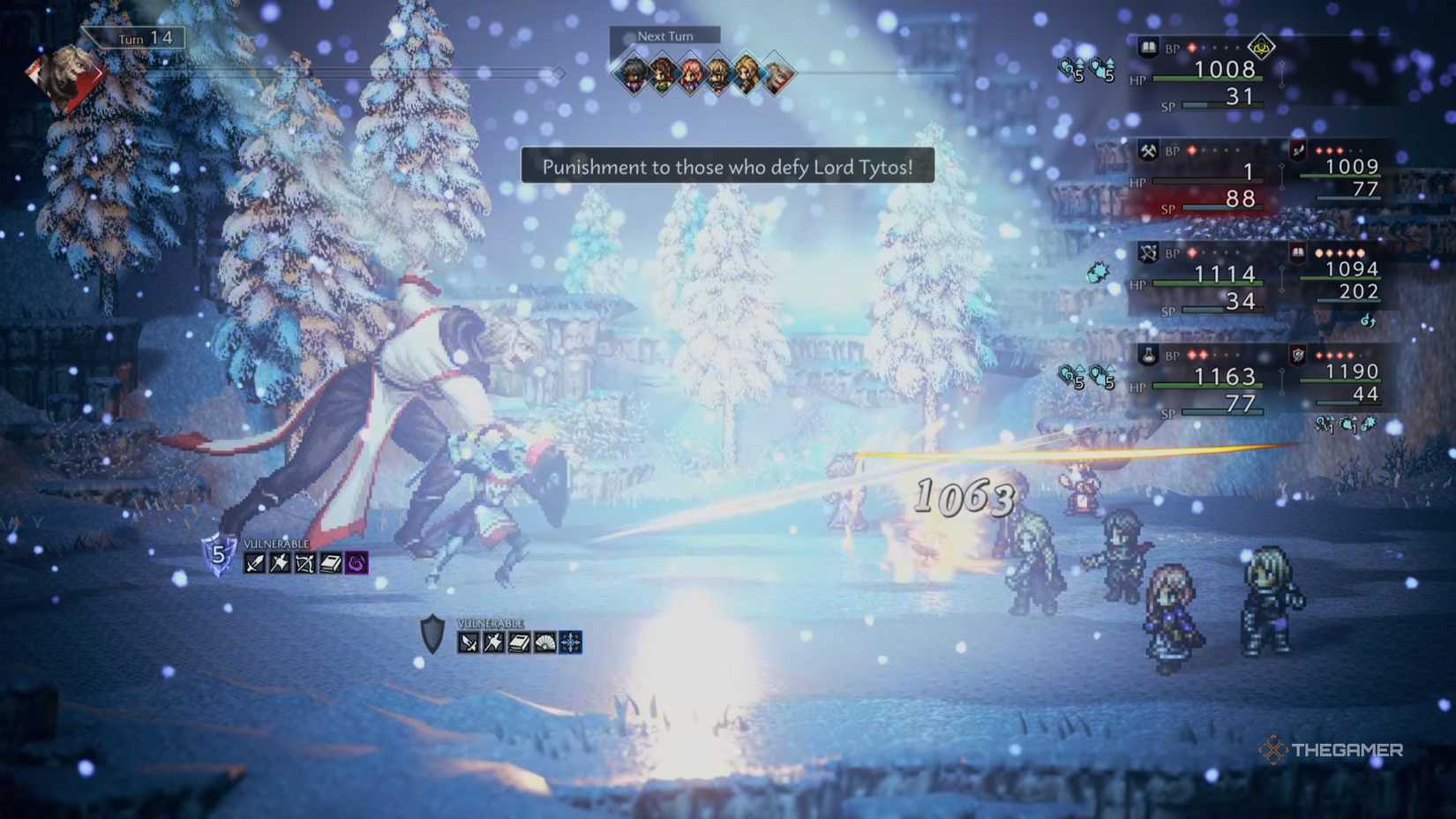 Jurgen attacks with Punishment to those who defy Lord Tytos in Octopath Traveler 0.