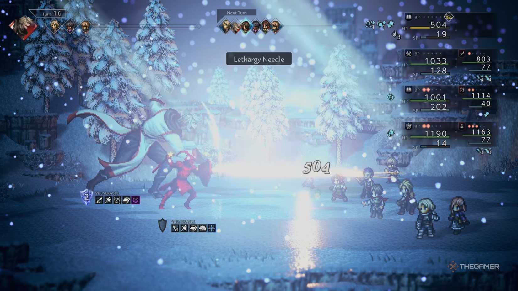 Jurgen using Lethargy Needle in Octopath Traveler 0.