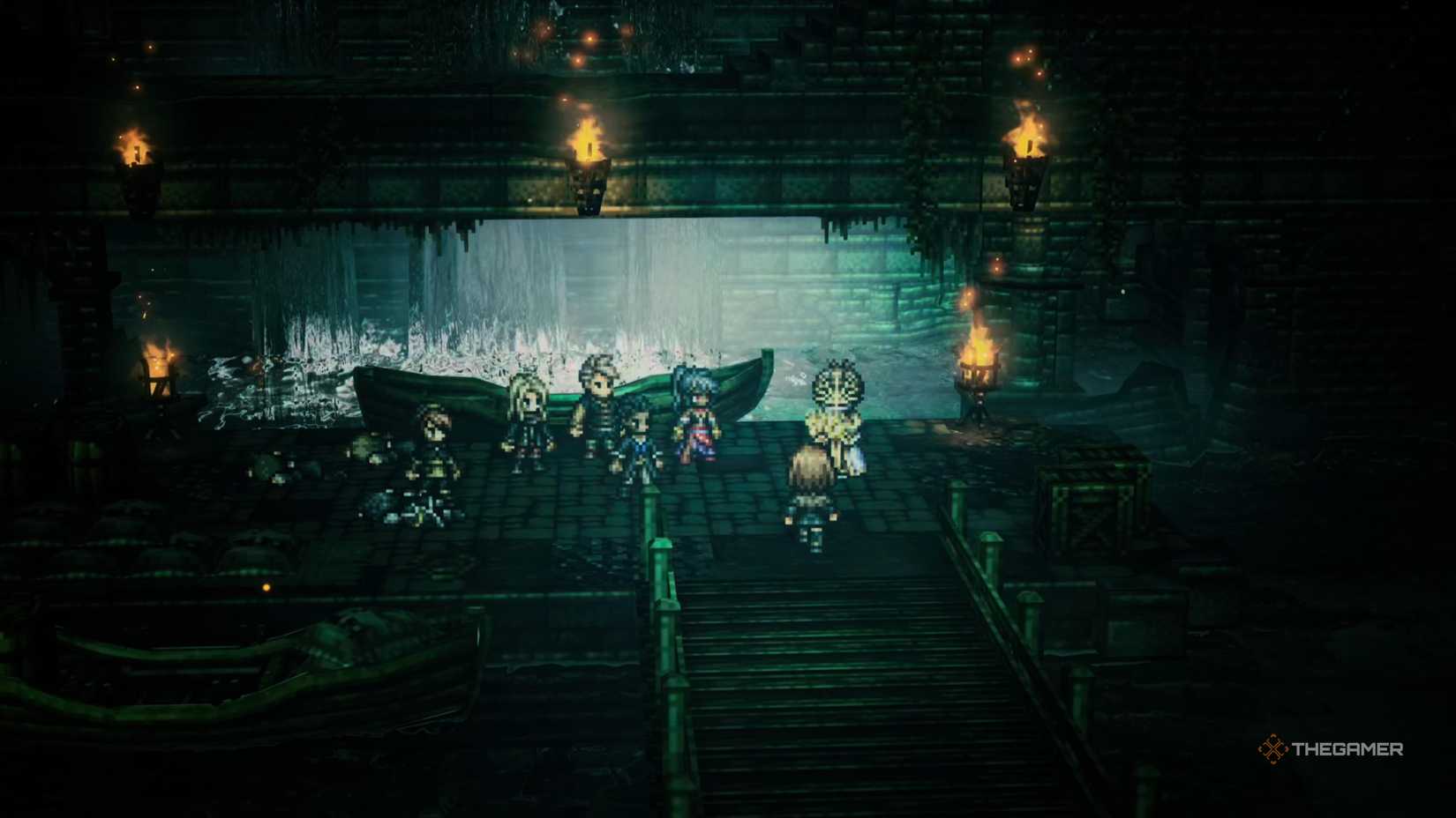 The party encountering Herminia and Sonia in Octopath Traveler 0.