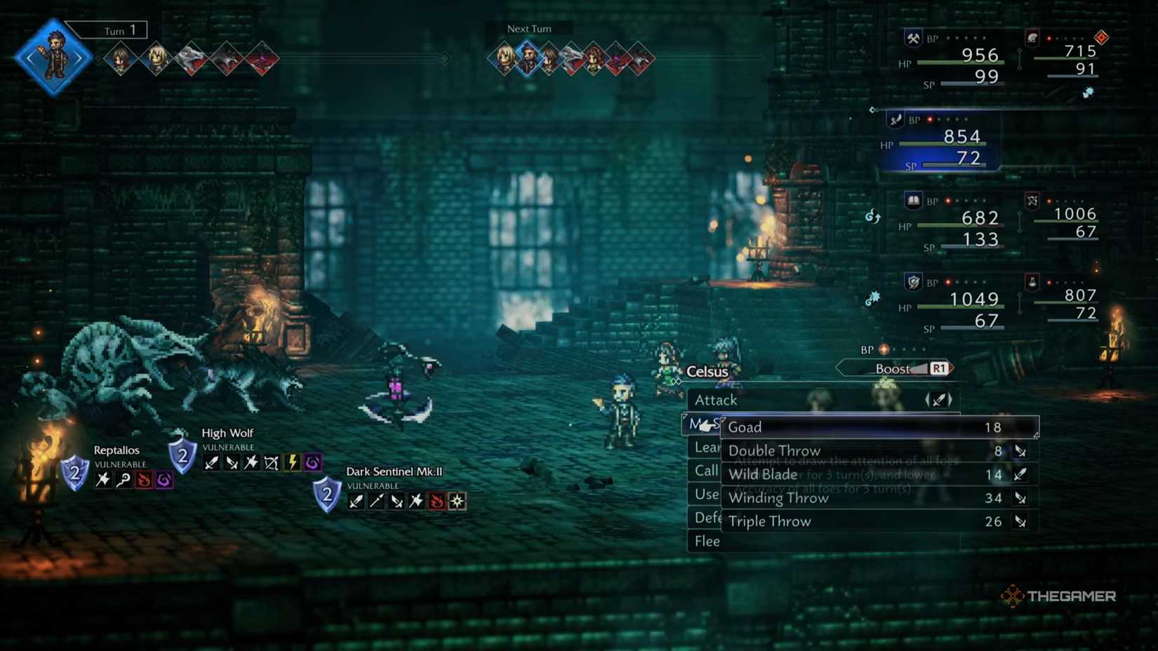 The party fighting enemies in the Subterranean Snow Ruins in Octopath Traveler 0.