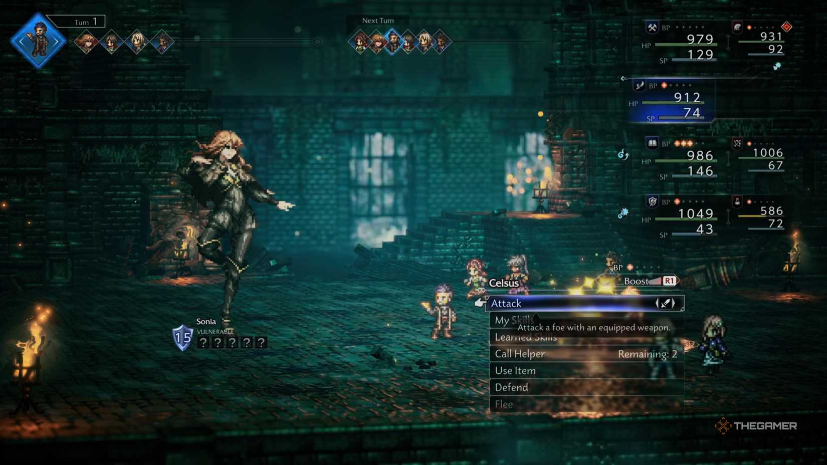 The party faces off against Sonia the boss in Octopath Traveler 0.