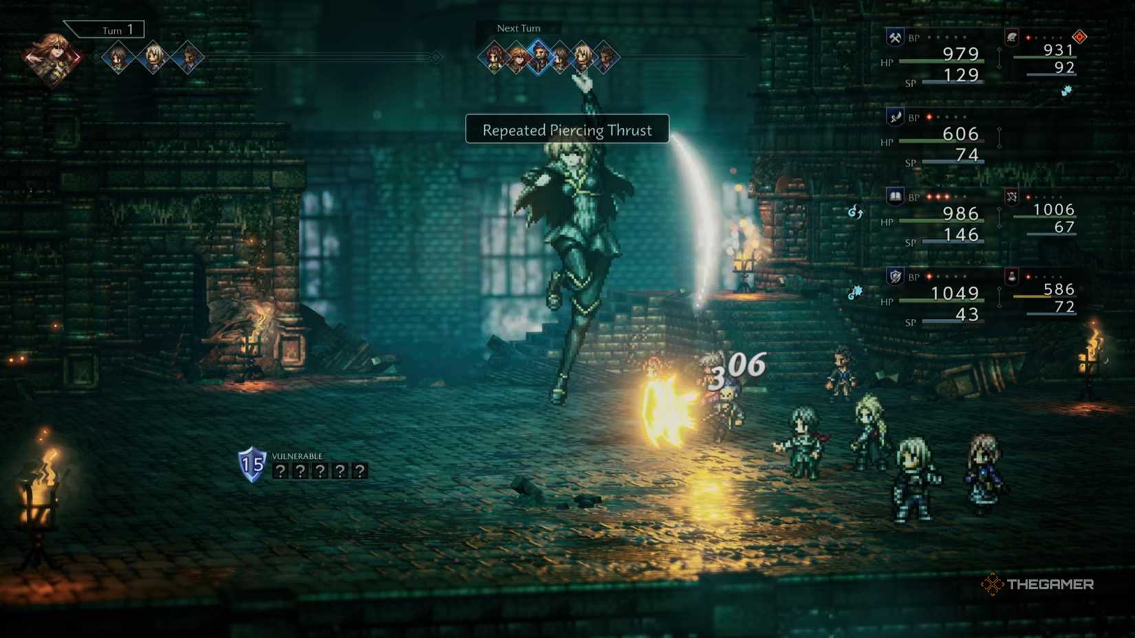 Sonia performing a Repeated Piercing Thrust against the party in Octopath Traveler 0.