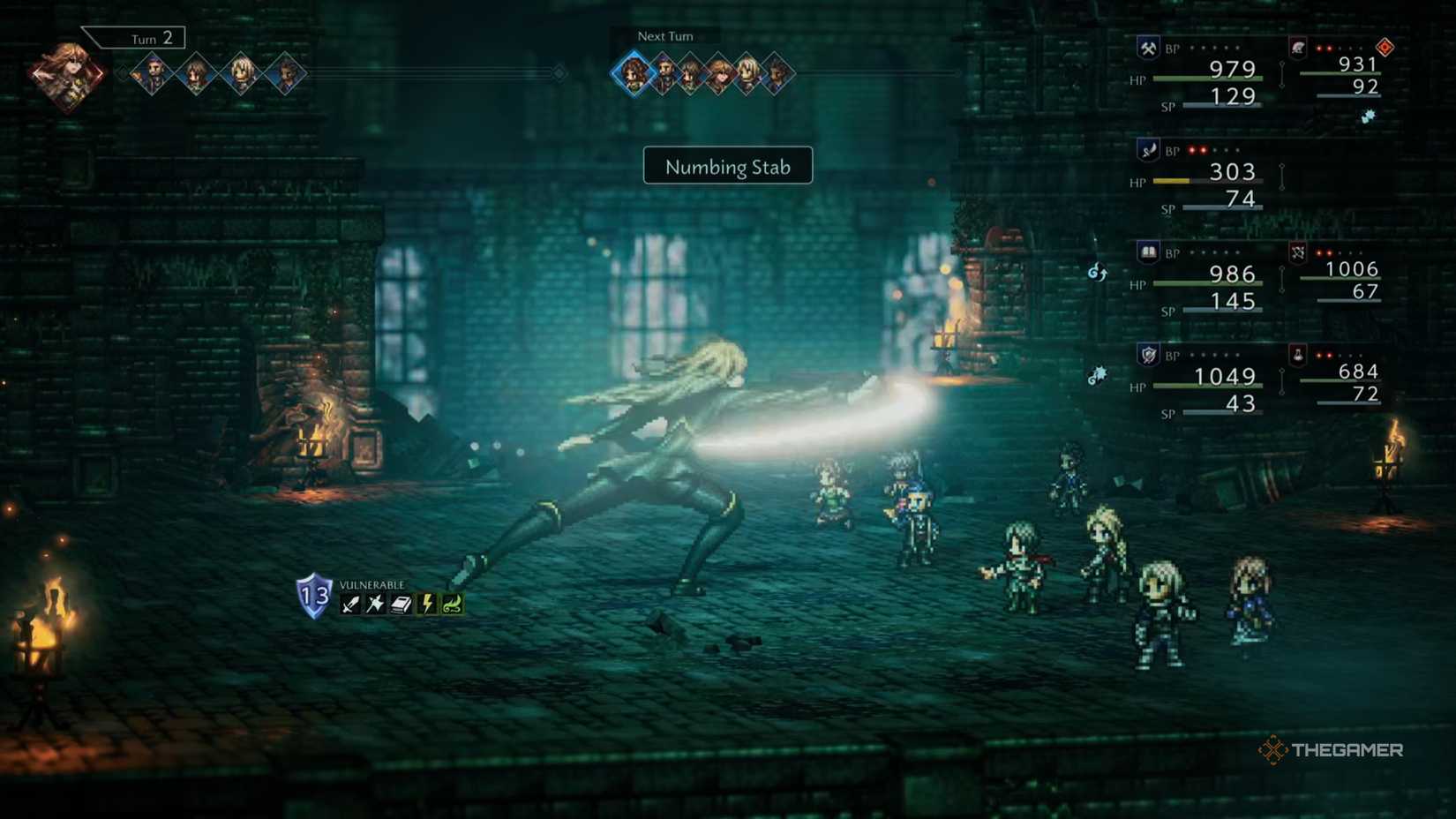 Sonia performing Numbing Stab against the party in Octopath Traveler 0.
