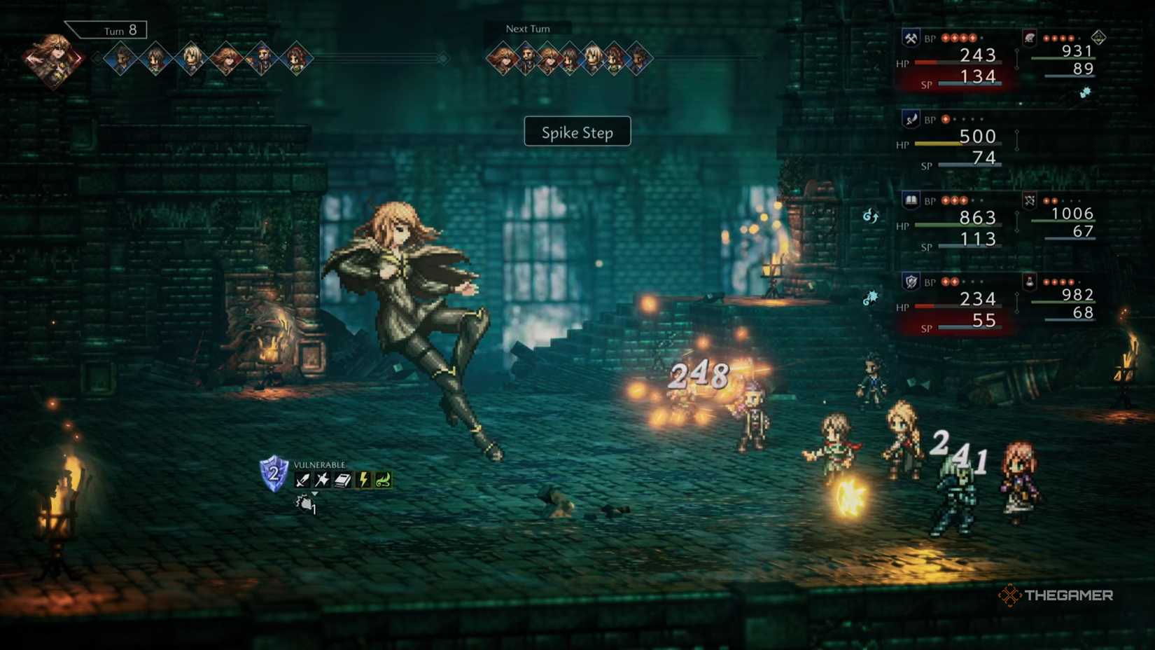 Sonia performing a Spike Step against the party in Octopath Traveler 0.