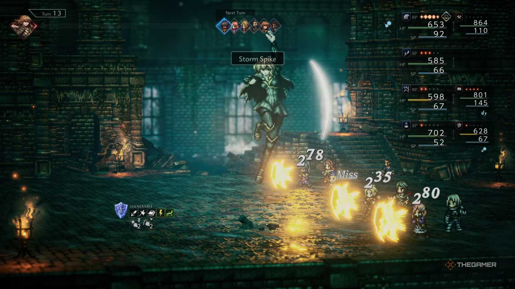 Sonia performing Storm Spike against the party in Octopath Traveler 0.