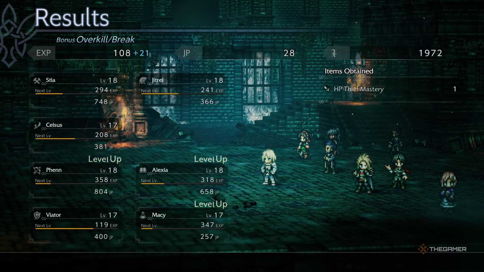 The reward and experience screen after defeating Sonia in Octopath Traveler 0.