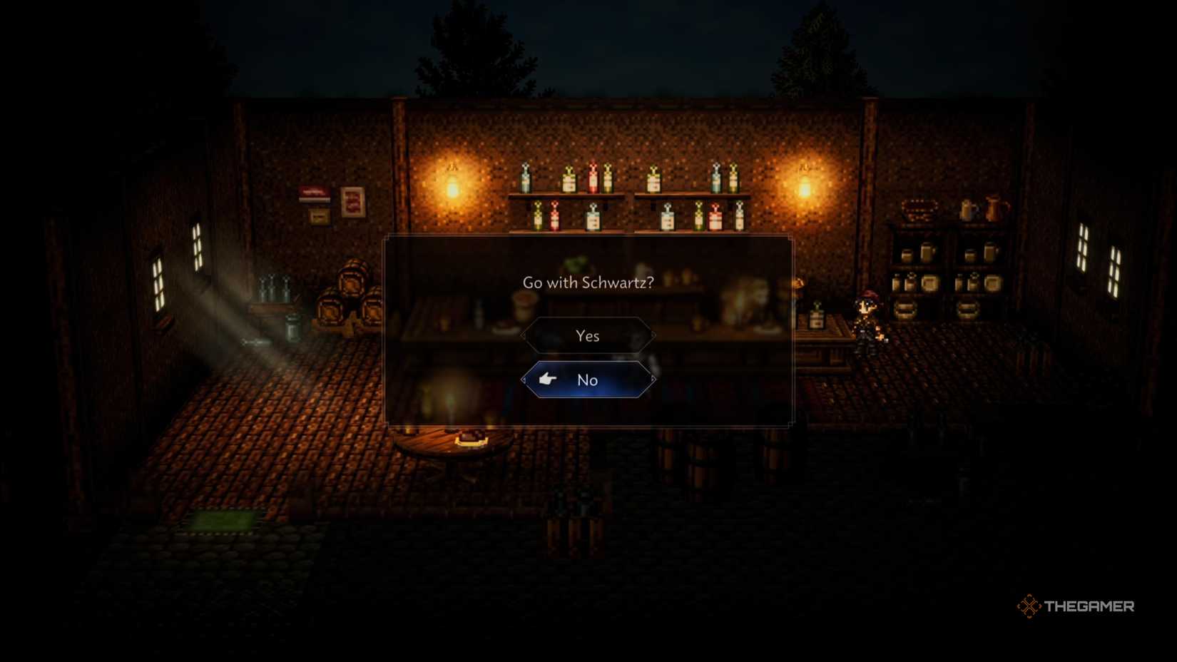 Schwartz asking the protagonist to go with him to find Auguste in Octopath Traveler 0.