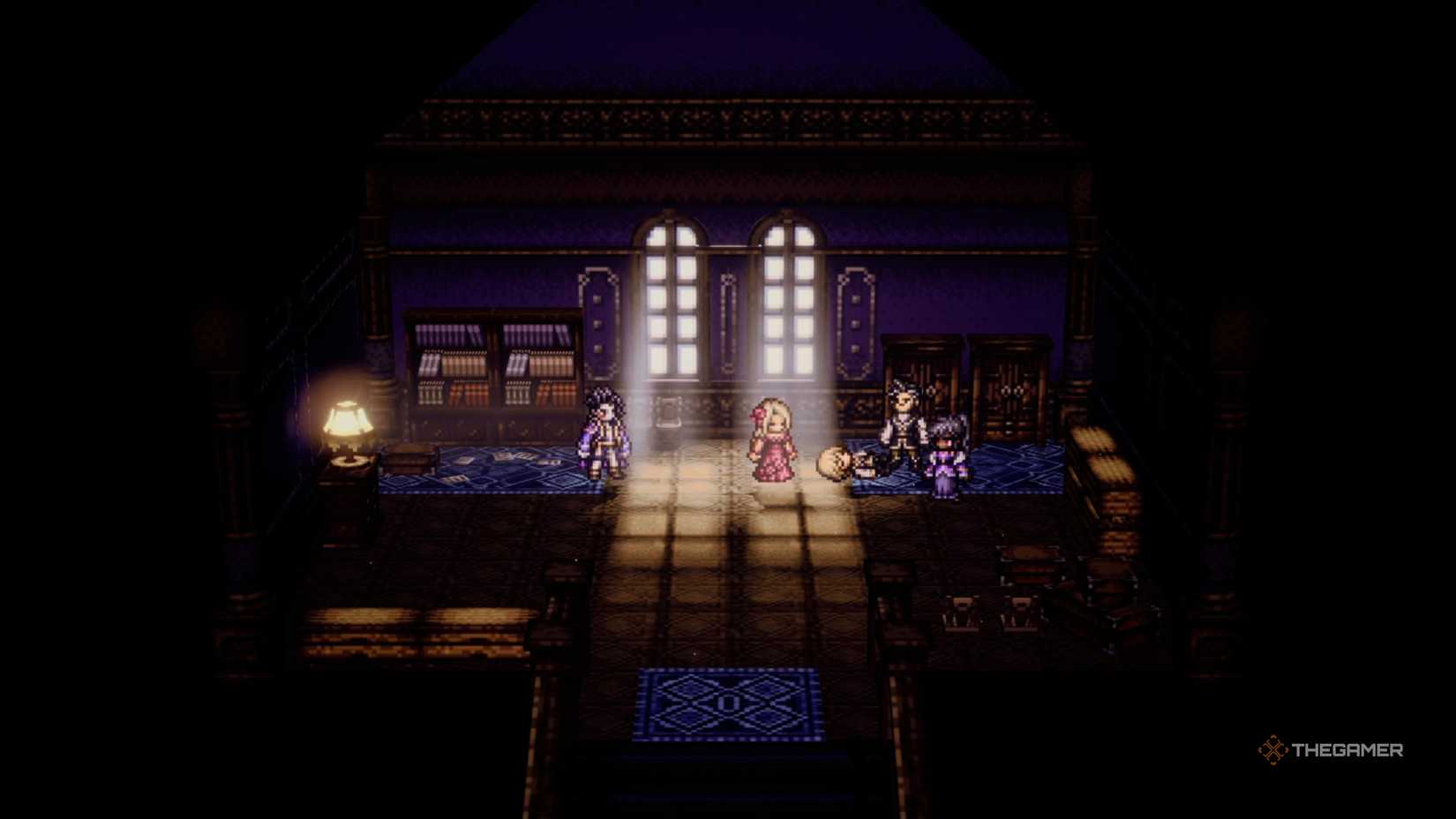 Auguste, Francesca, Schwartz and the protagonist in a scene in Octopath Traveler 0.