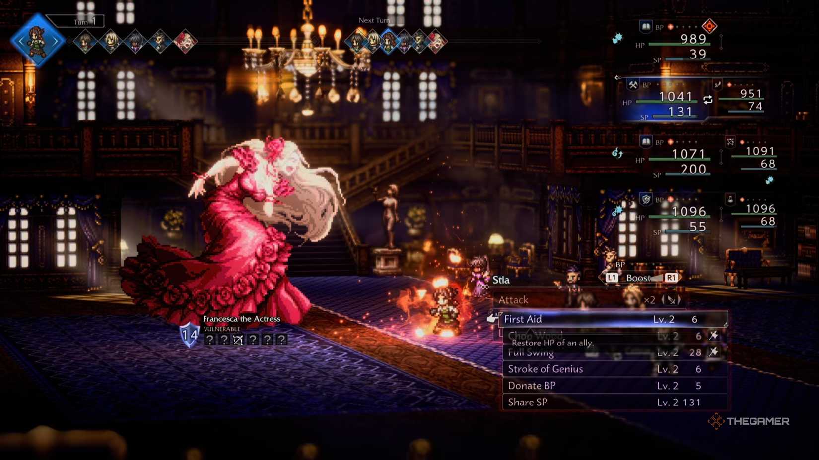 The party faces off against Francesca the Actress, a boss in Octopath Traveler 0.