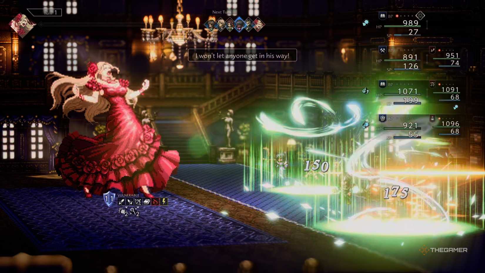 Francesca using her attack I won't let anyone get in his way against the party in Octopath Traveler 0.