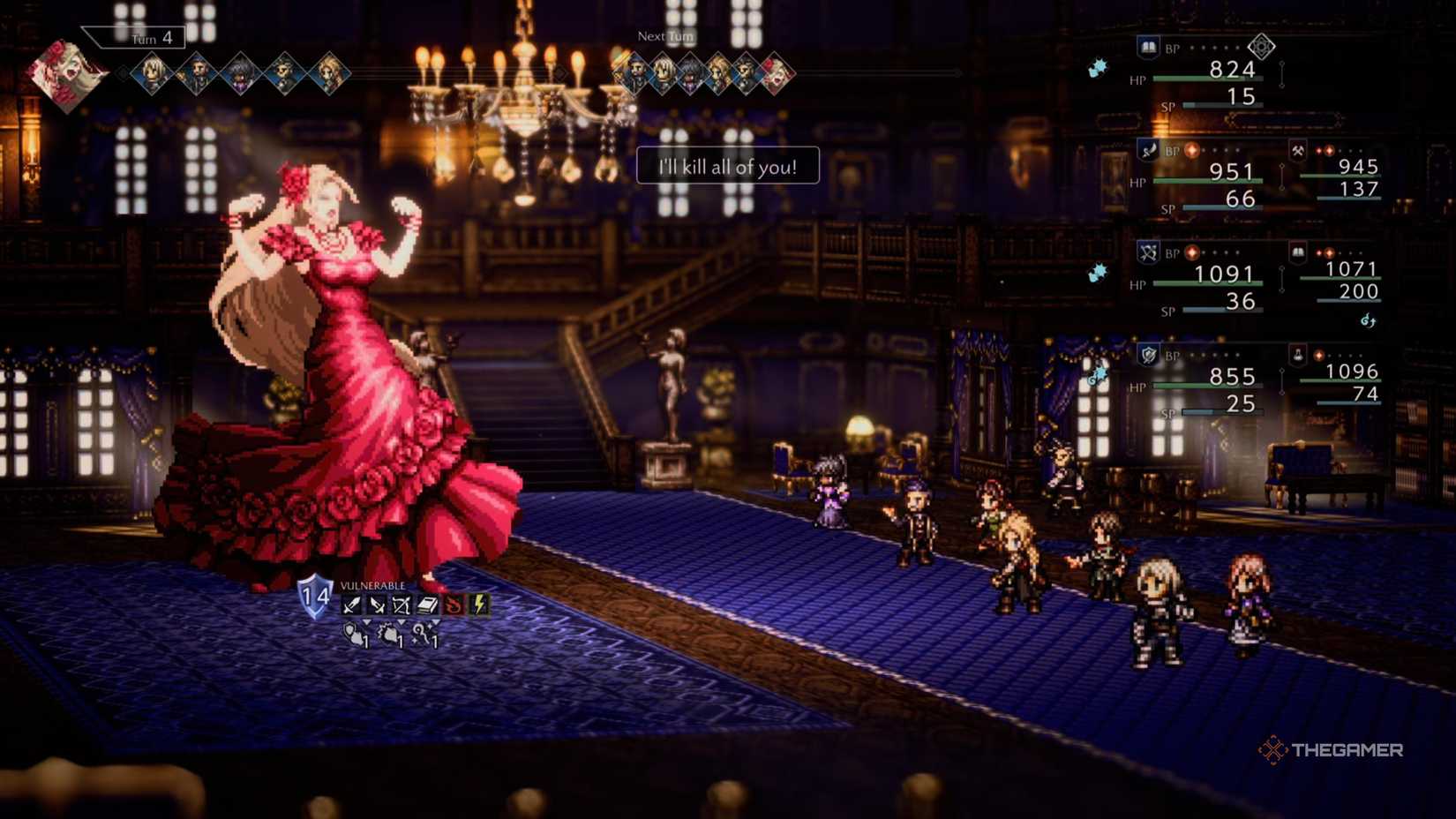 Francesca performing her attack I'll kill all of you against the party in Octopath Traveler 0.