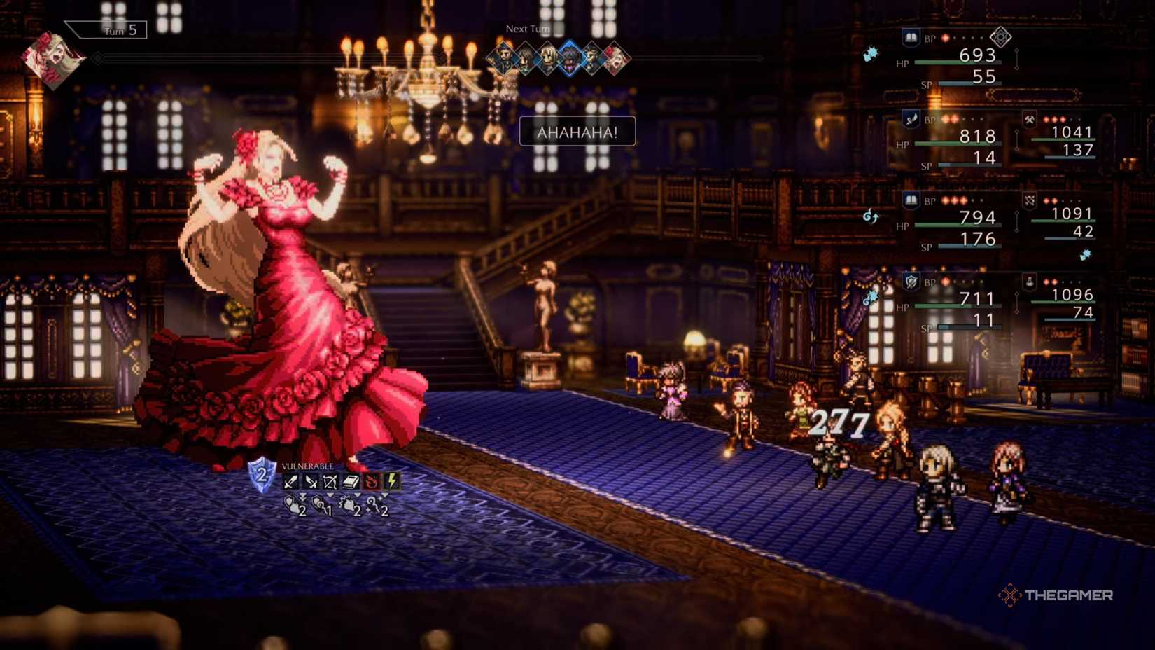 Francesca laughing at the party in Octopath Traveler 0.