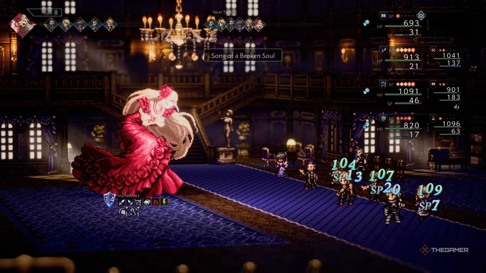Francesca using her attack song of a broken soul against the party in Octopath Traveler 0.