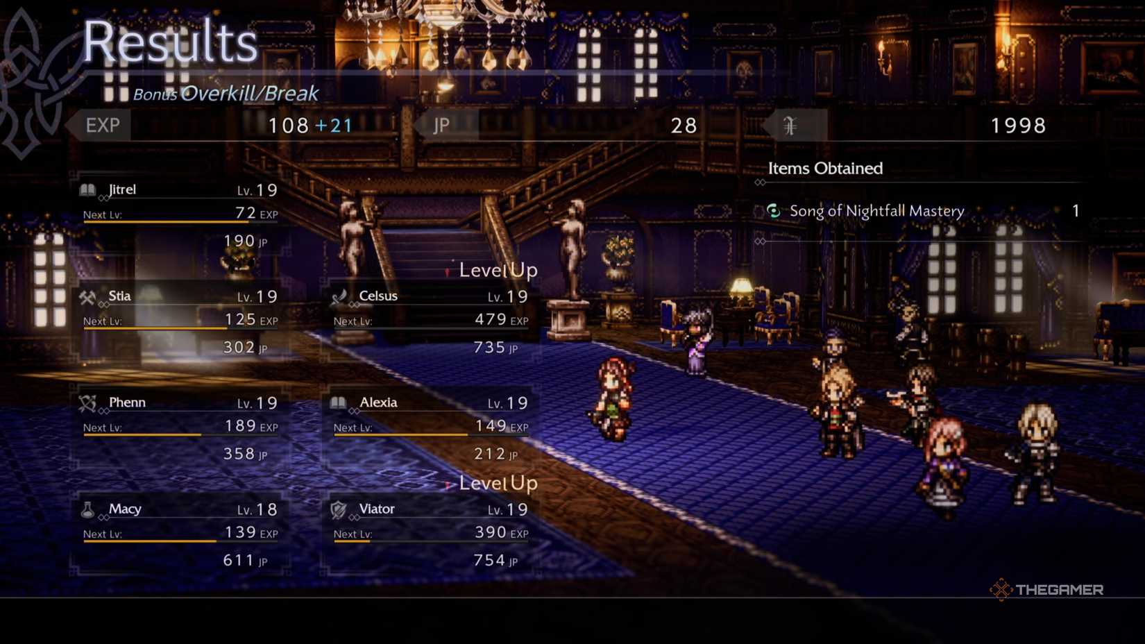 The rewards screen for defeating Francesca the Actress and gaining the Song of Nightfall Mastery in Octopath Traveler 0.