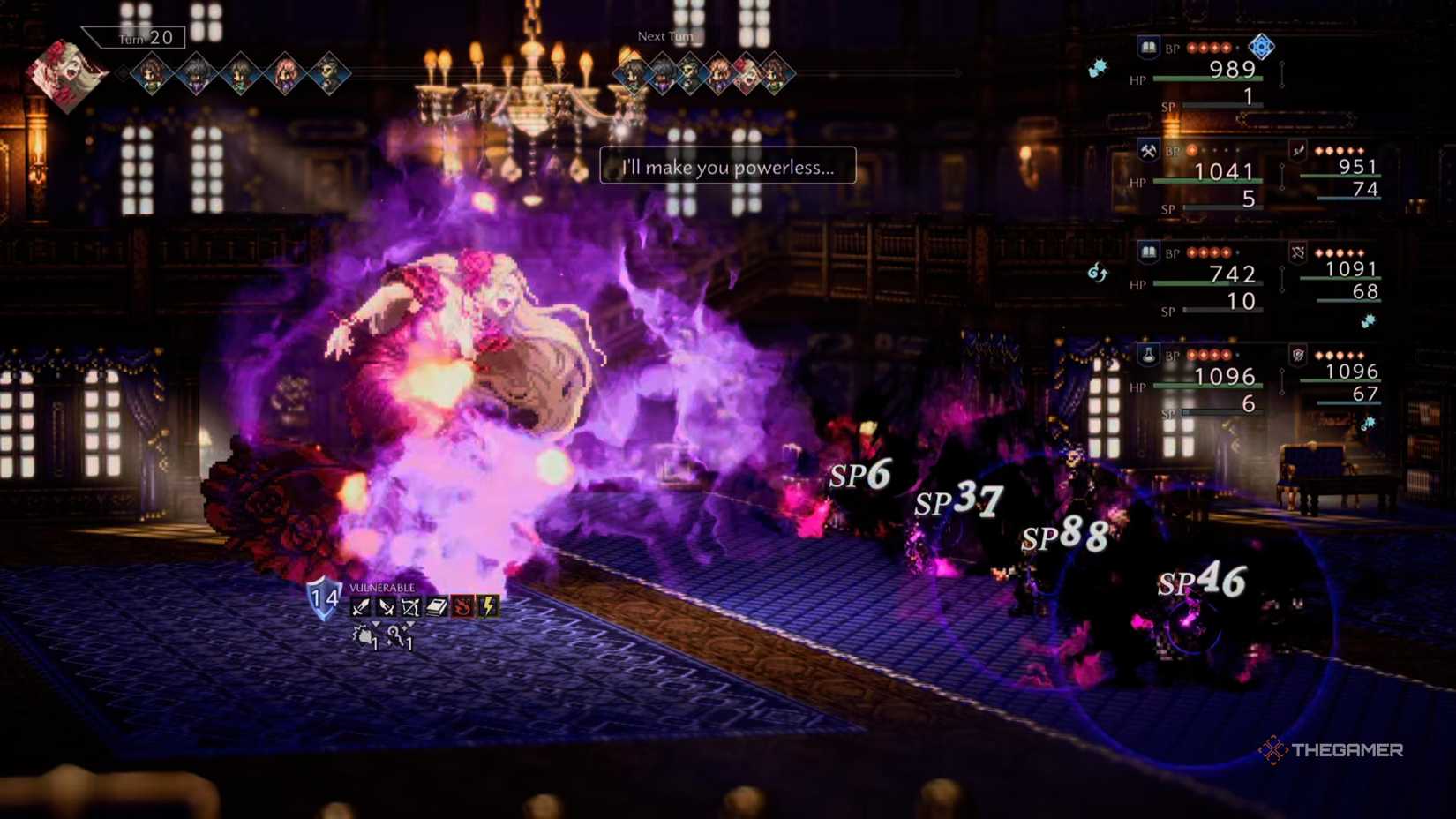 Francesca readying a devastating attack against the party while stealing their SP in Octopath Traveler 0.