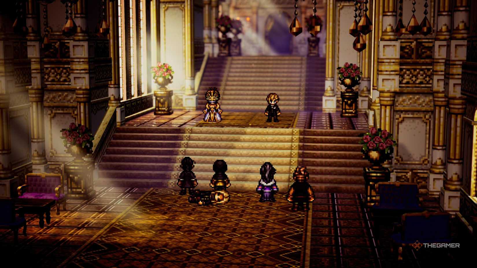 Bargello, his companions, and the protagonist face off against Herminia and her companion in Octopath Traveler 0.
