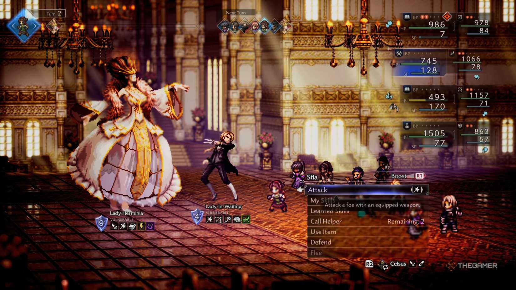 Herminia and her lady in waiting fight the party in Octopath Traveler 0.