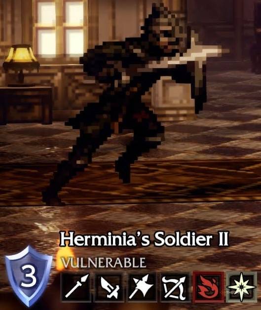 Herminia's Soldier II and it's weaknesses in Octopath Traveler 0.