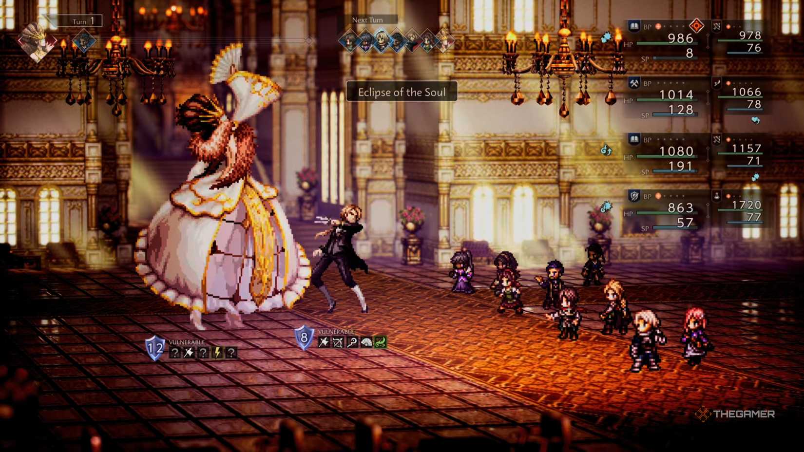 Lady Herminia performs Eclipse of the Soul against the party in Octopath Traveler 0.