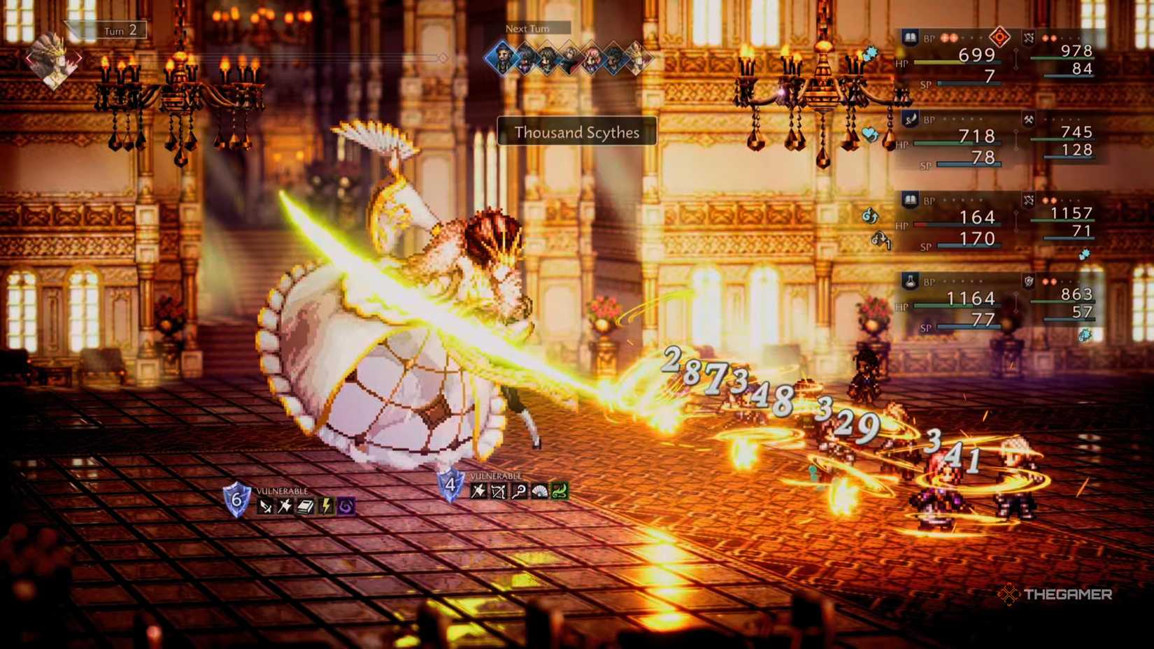 Lady Herminia performs Thousand Scythes against the party in Octopath Traveler 0.