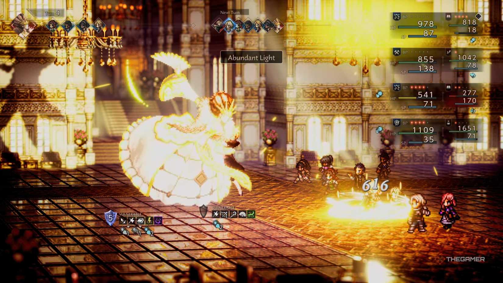 Lady Herminia performs Abundant Light against the party in Octopath Traveler 0.