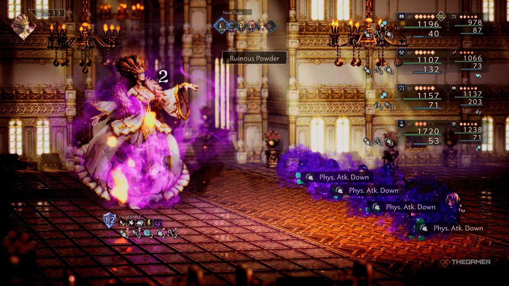 Lady Herminia performs her Ruinous Powder move against the party in Octopath Traveler 0.