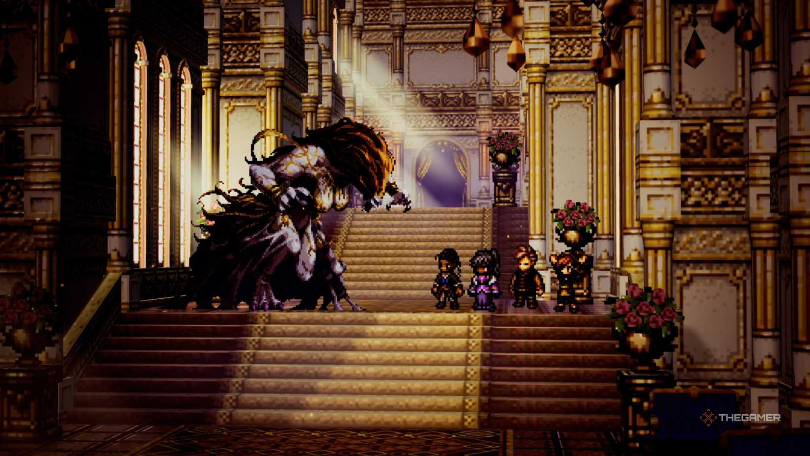 Herminia transformed into the Huntress faces off against the party in Octopath Traveler 0.