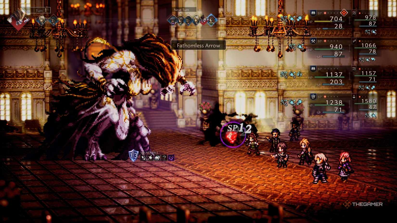 Herminia the Huntress casts Fathomless Arrow against the party in Octopath Traveler 0.
