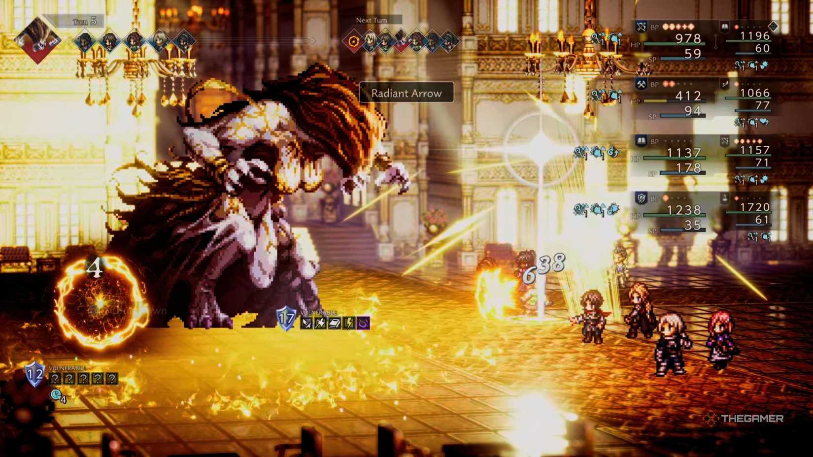 Herminia the Huntress casts Radiant Arrow against the party in Octopath Traveler 0.